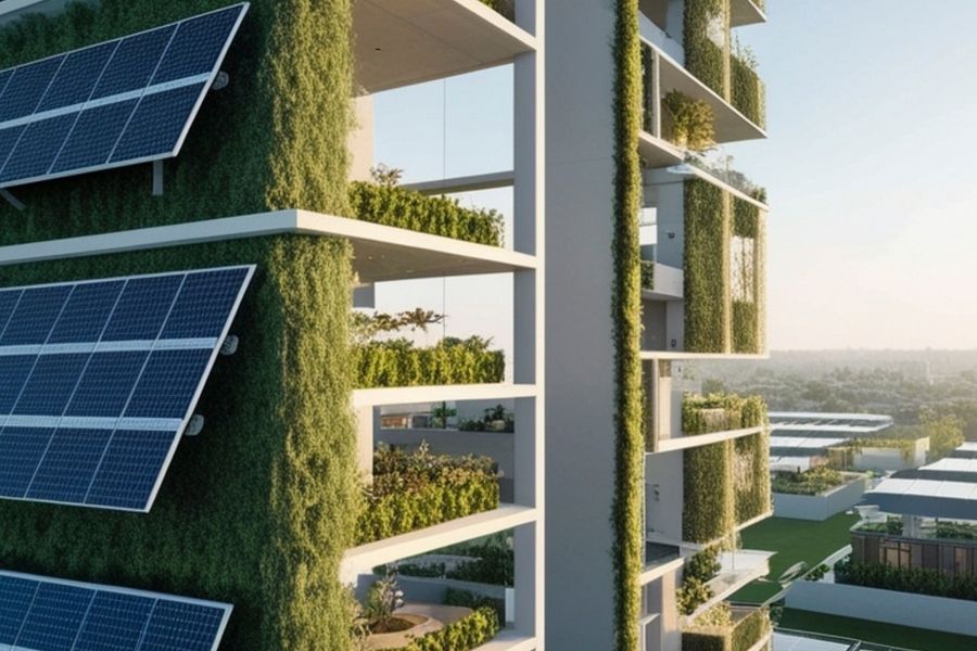 Modern Green Building with Solar Panels